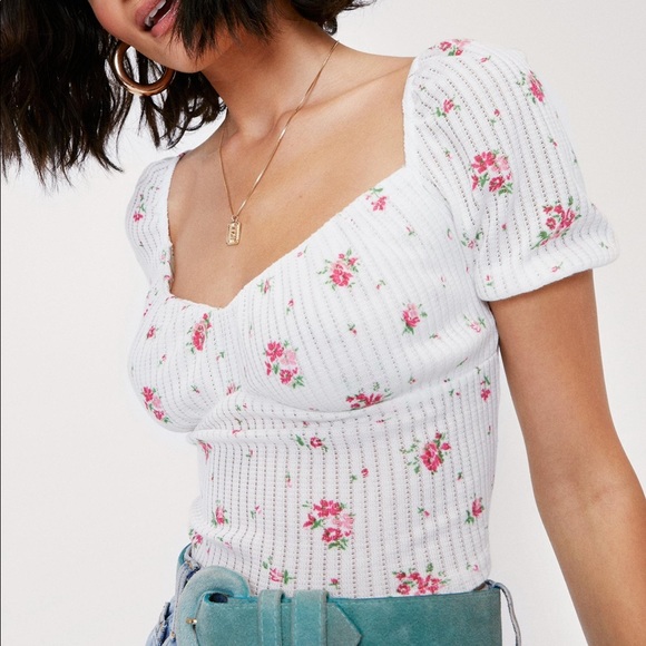 Nasty Gal Tops - Ribbed Floral Square Neck Puff Sleeve Top NWT